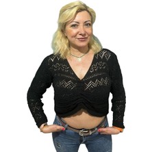 50 Tones Kadın Öz Büzgülü Ajurlu Akrilik Bluz Kırık Bej, Siyah Std