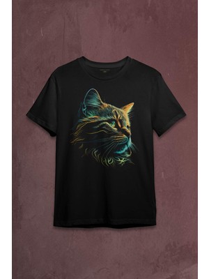 Kendim Seçtim Bıyıklı Kedi Minimal Çizim 3D Efektli Realist Siyah Baskılı Tişört  T-Shirt