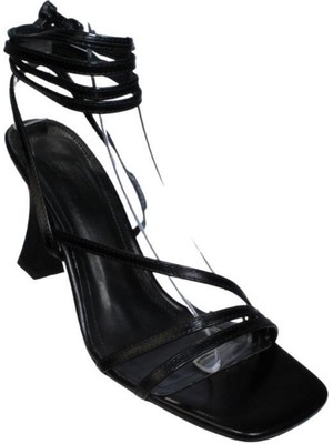 Yaz Kış Ayakkabı Kadın Siyah Krem(Nut) 9cm Şamdan Topuklu Çıft Bantlı Bilekten Dolamalı Topuklu Ayakkabı10