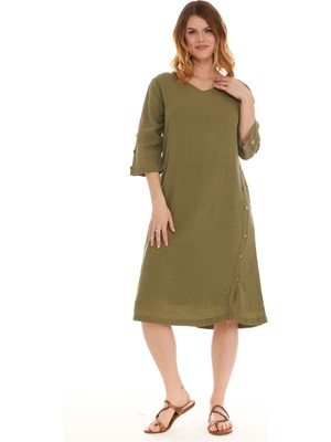 Newbutix Truvakar Kol Müslin Haki Midi Boy Elbise