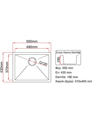 Granite Rising Granit Eviye - Siyah Renk - 55X43 cm Tek Gözlü Mutfak Eviyesi