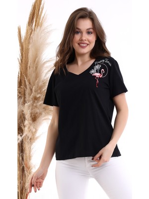 Cotton Mood 22474758 Süprem Omuzu Leylek Nakışlı Kısa Kol T-Shirt Siyah