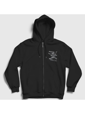 Presmono Unisex Siyah Bootleg Aerosmith Fermuarlı Kapüşonlu Sweatshirt