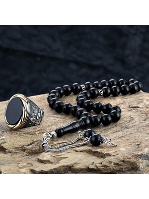 Takıhan Gümüş Oniks Taşlı Yüzük ve Oltu Taşı Tesbih Kombini