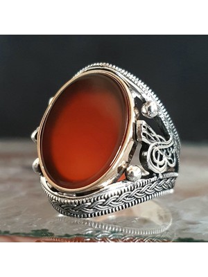 Takıhan 925 Ayar Gümüş Osmanlı Tuğralı Akik Taşlı Erkek Yüzük