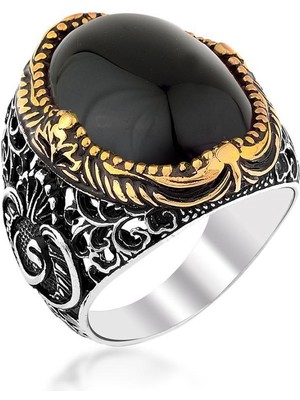 Takıhan Siyah Oniks Taşlı Vav Motifli Gümüş Yüzük