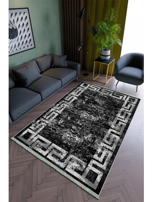 10 Post Online Salon Halısı Modern Siyah Gri Yolluk Kaymaz Yuvarlak Oval Kesme Ince Yıkanabilir Halı