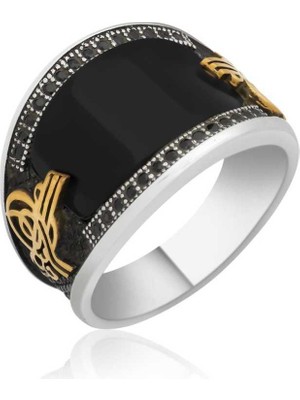 Stil Love Gümüş Siyah Taşlı Tuğralı Erkek Yüzük