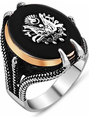 Stil Love Gümüş Siyah Taşlı Kartal Pençesi Osmanlı Devlet Arması Erkek Yüzük