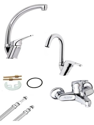 Alecra Kuğu ve Baston Borulu 3’lü Set Banyo - Mutfak ve Lavabo Musluğu Çeşmesi Bataryası Kaliteli Pirinç Gövde Krom Kaplama