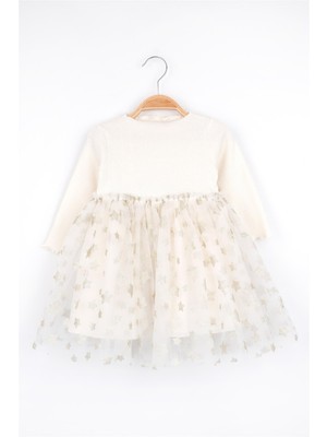 Le Mabelle Ekru  Yıldız Baskılı Tül Etekli Kız Çocuk Elbise - Karen