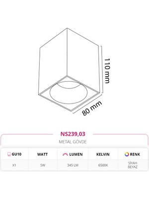 Nevo 5W Sıva Üstü Tavan Armatürü Siyah Beyaz 6500K Beyaz Işık NS239