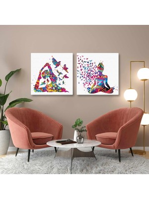 SML Tablo Yoga Yapan Yogi Silüeti Meditasyon Uçan Kuşlar Ikili Kombin 2li Set Kanvas Tablo