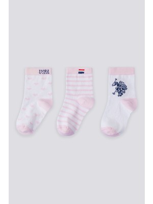 U.S. Polo Assn. Kız Bebek Çorap Seti Striped Desenli Beyaz Pamuklu 3 Adet