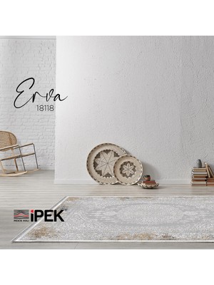 Ipek Mekik Halı Erva Gri Ekru Retro Desenli Halı