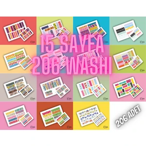 15 Sayfa 206 Adet Washi Tape Etiket Sticker Set (9X13CM 15 Sayfa Toplam 206 Bant) Washı Set