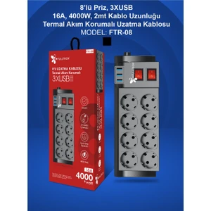 Fulltech Ftr-08 8 Li Termal Akım Korumalı 3 USB Li Priz