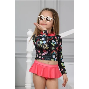Podium Giyim Trend Gökkuşağı Desenli Güneş Korumalı Uzun Kol Crop Üst Mini Etek Altı Fırfırlı Bikini Takımı