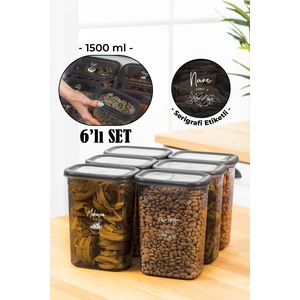 Beyaz Serigrafi Etiketli 6lı Peggy Dikdörtgen Saklama Kabı Seti 1500 ml Antrasit