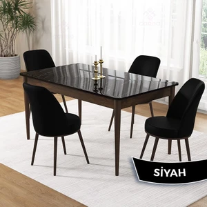 Pir Serisi 80X130 Sabit Siyah Mermer Desen Kahve Ayak Mutfak Masa Takımı ve 4 Sandalye
