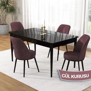Pir Serisi, 80X130 Sabit Siyah Mermer Desen Mutfak Masa Takımı ve 4 Sandalye