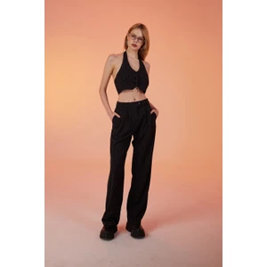 Holly Lolly Yüksek Bel Kumaş Striped Pantolon Siyah