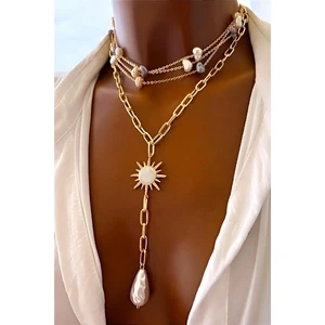 Petek Aksesuar Güneş Temalı Barok İnci Kolye Seti Gold Renkli Kadınlar İçin Özel Tasarım