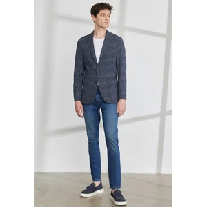 ALTINYILDIZ CLASSICS Erkek Lacivert Slim Fit Dar Kesim Mono Yaka Kazayağı Desenli Blazer Ceket