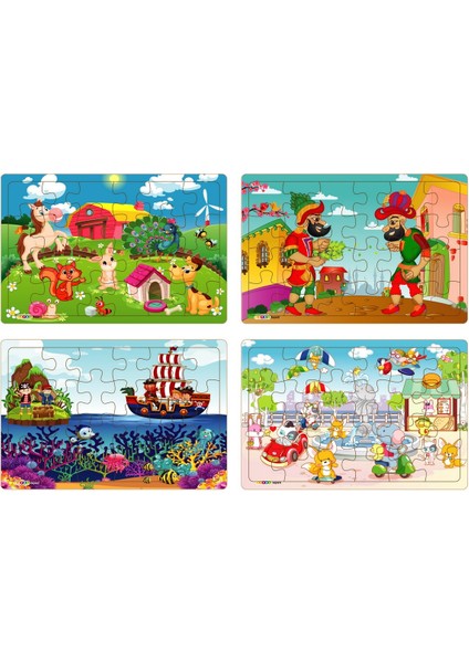 Yeni 4 Adet 24 Parçalı Ahşap Puzzle Yapboz Sevimli Dostlar, Karagöz, Korsanlar, Parkta Hayvanlar