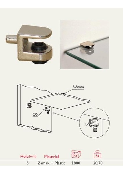 Gürçay Hırdavat Gürcay Sıkıştırmalı Cam Raf Pimi 5mm Pimli (4 Adet)