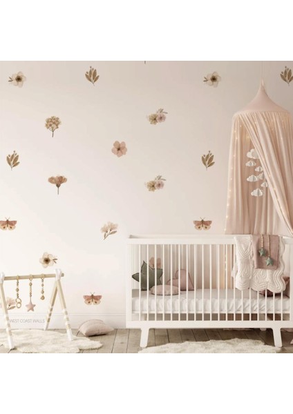 Çiçekli Kelebek Sticker Boyalı Özel Duvar Dekorasyon Boho Floral 52 Adet