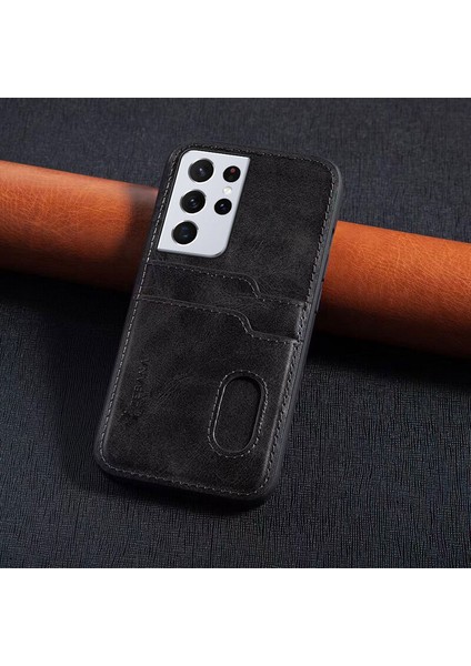 Samsung Galaxy S22 Ultra Kılıf Zebana Kartlıklı Lüx Deri Kılıf Siyah