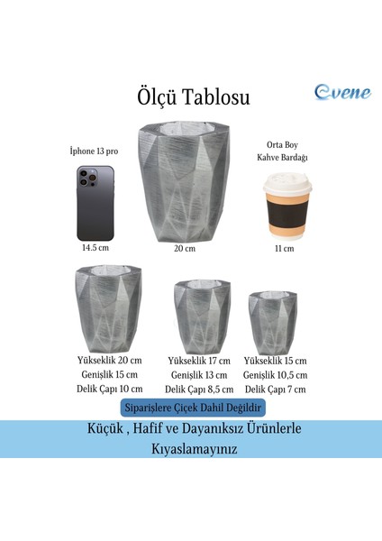 Saksı Çiçek Kaktüs Saksısı Lüx 15 cm Uzun Poly Desenli 3'lü Set Çiçeklik