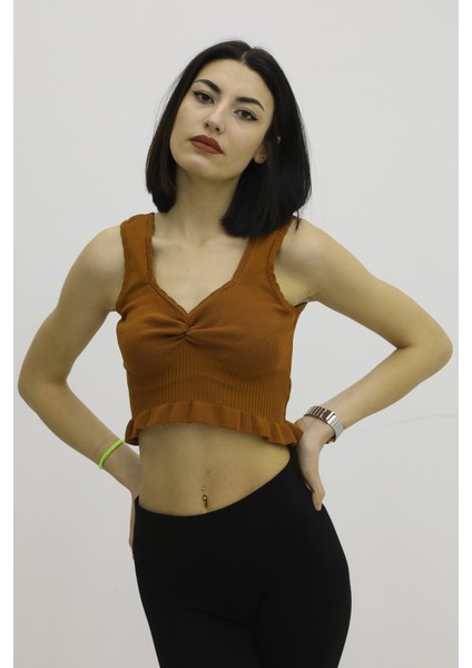 Bel Lastikli Triko Bluz Taba - P-019708