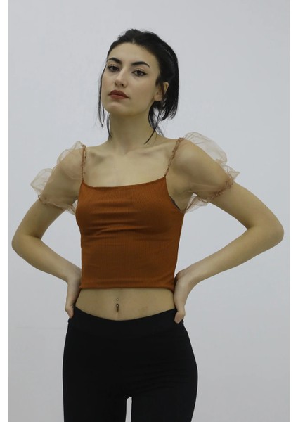 Likralı Kolları Tül Mini Bluz - P-019876TABA