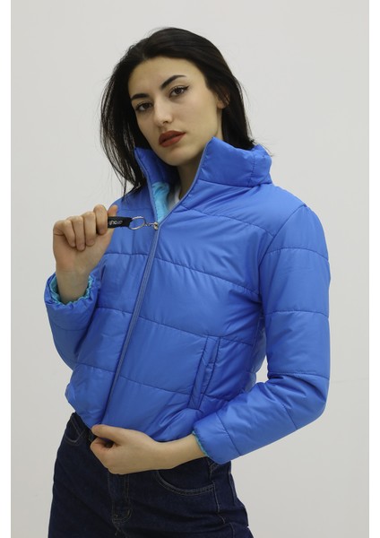 Fermuarlı Çift Cepli Şişme Mont Saksmavi - LKS9294