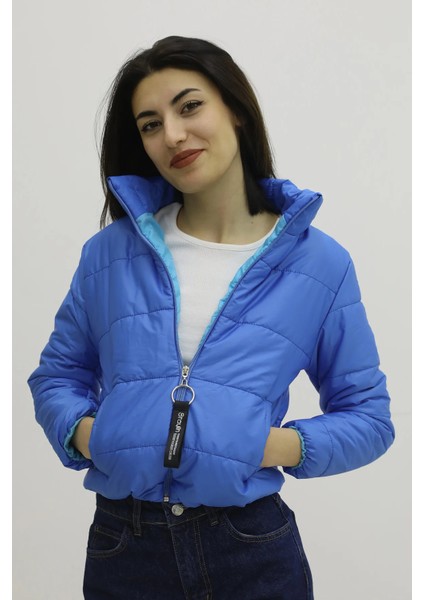 Fermuarlı Çift Cepli Şişme Mont Saksmavi - LKS9294