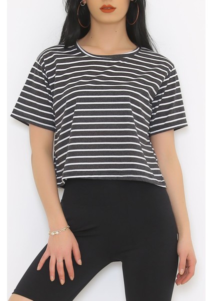 Çizgili Crop Tişört Fümebeyaz - 9525.1567. modelleri