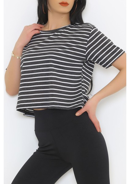 Çizgili Crop Tişört Fümebeyaz - 9525.1567. indirimleri