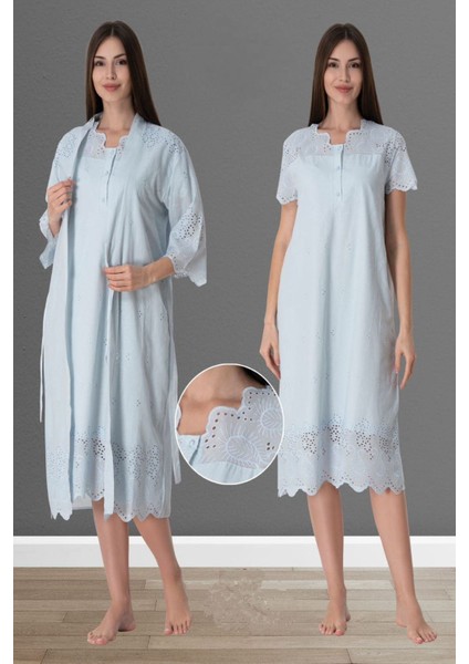 Mavi Fistolu Sabahlıklı Hamile Lohusa Gecelik Takım