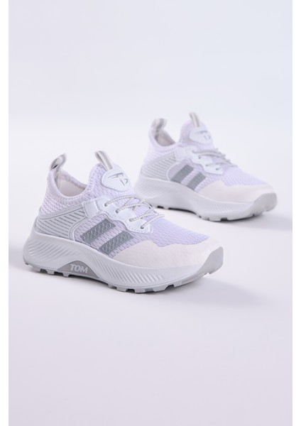 Çocuk Unisex Beyaz Gümüş Rahat Kalıp Nefes Alabilen Kumaş Bağcıklı Sneaker10