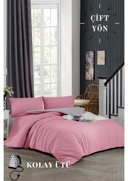 Kolay Ütü 100X200 Tek Kişilik Nevresim Takımı (Gri Lastikli Çarşaf+Yorgan Kılıfı+Y.k) Pembe
