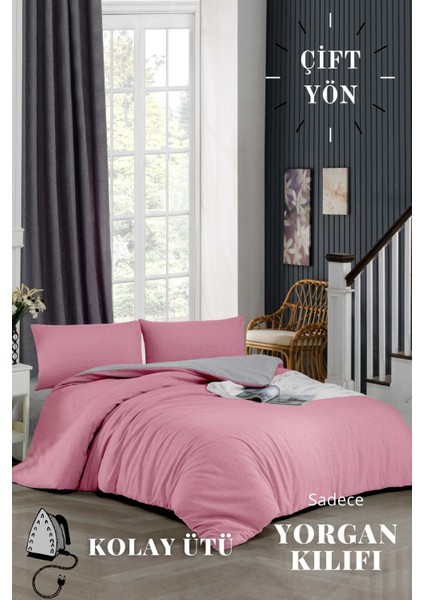 Kolay Ütülenebilir Çift Yönlü Yorgan Kılıfı Çift Kişilik Yatak (200X220) Pembe-Gri