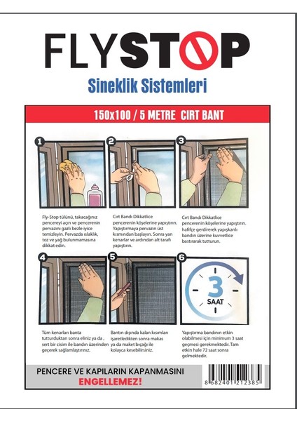 Flystop Pencere Cam Sineklik Böcek Tutucu 150X100 cm 5 Metre Özel kesim çift taraflı bant