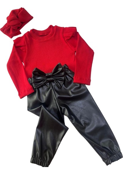 Kız Çocuk, Siyah Likralı Deri Fiyonk Detaylı Pantolon, Kırmızı Omuzu Fırfırlı Badi ve Kırmızı Saç Bandı Takımı. 3 Parça Set modelleri
