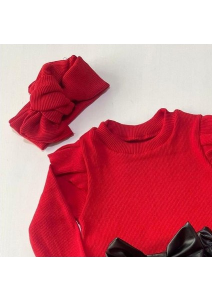 Kız Çocuk, Siyah Likralı Deri Fiyonk Detaylı Pantolon, Kırmızı Omuzu Fırfırlı Badi ve Kırmızı Saç Bandı Takımı. 3 Parça Set fırsatları