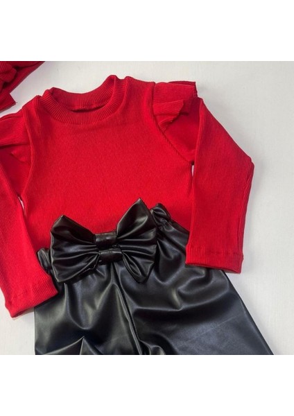 Kız Çocuk, Siyah Likralı Deri Fiyonk Detaylı Pantolon, Kırmızı Omuzu Fırfırlı Badi ve Kırmızı Saç Bandı Takımı. 3 Parça Set indirimleri