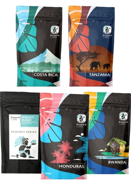 Bongardi Coffee 5X200 Gram Tanzanya Ruanda Kosta Rika Honduras Perfect Blend Filtre Kahve Seti