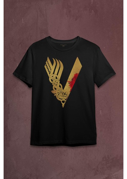 Vikingler Logo Vikings Altın Sarısı Baskılı Tişört T-Shirt