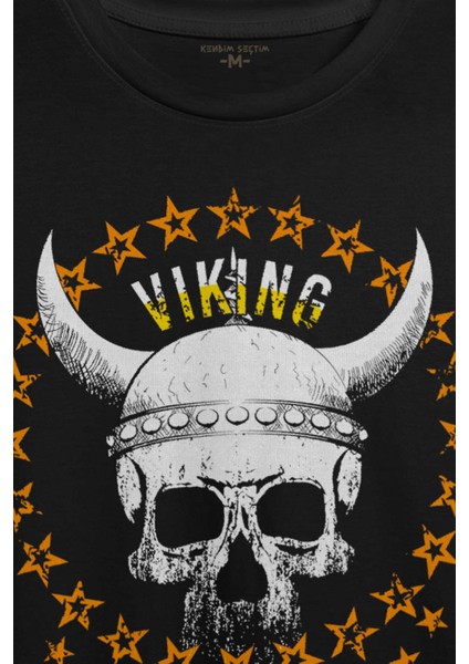 Viking Skull With Circle Of Stars Longship Kuru Kafa Baskılı Tişört T-Shirt